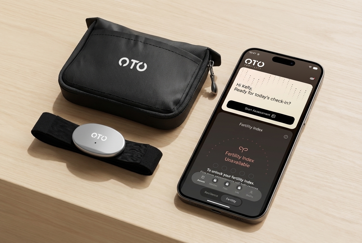 OTO Fertility Kit, chest strap sensor, carrying case, and mobile app